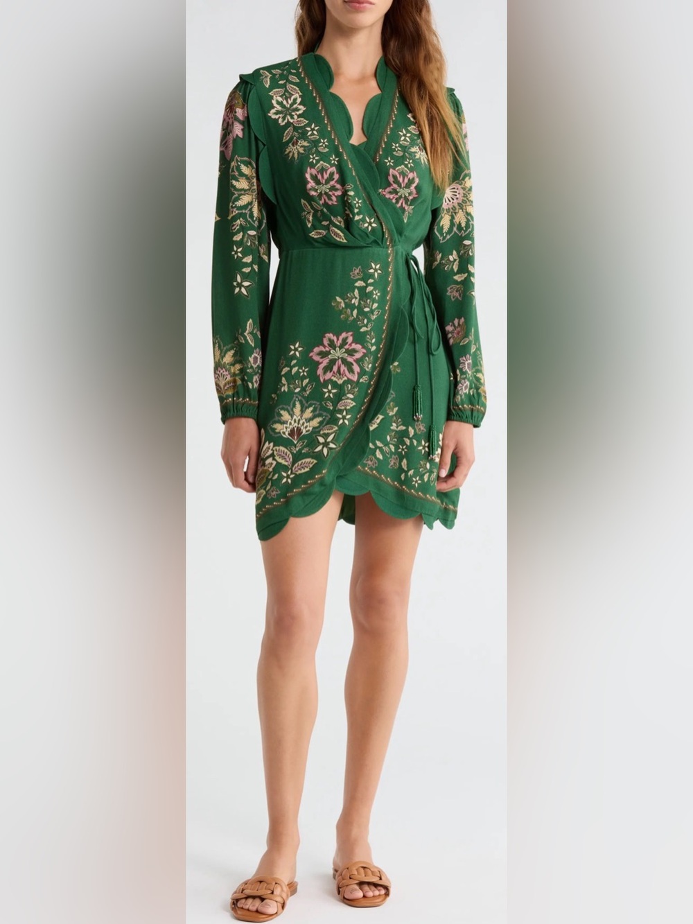 NEW FARM RIO green Garden Delight Long Sleeve short Wrap Dress Sz L